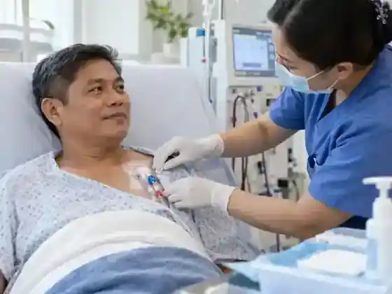 Illustrative healthcare image of a Filipino dialysis patient with a clean tunneled catheter dressing while a nurse checks the site.