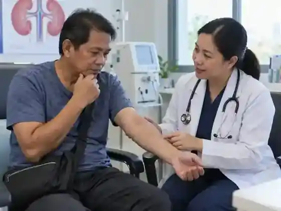 Illustrative consultation between a Filipino dialysis patient and clinician about changes in a vascular access arm.